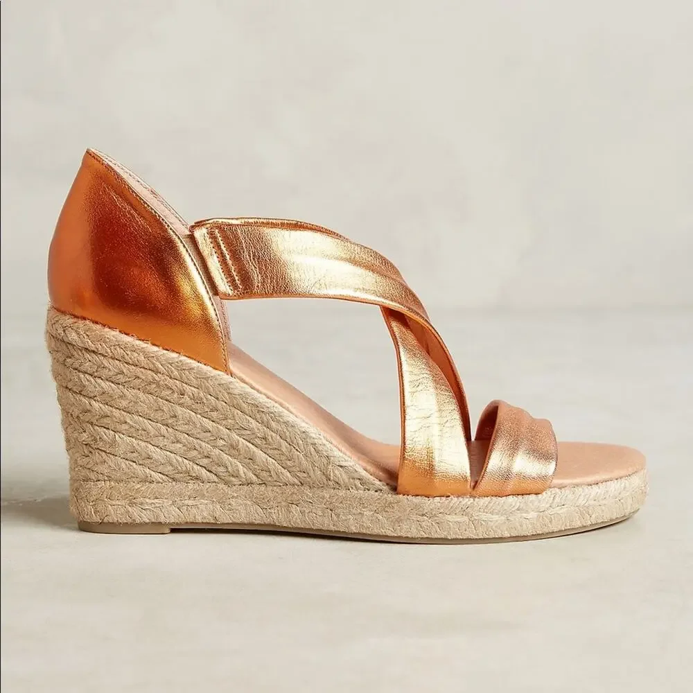 Anthropologie Pinaz‎ Espradilles Gold Copper Metallic Strappy Summer Heel 40